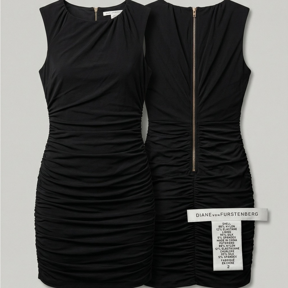 DVF Diane Von Furstenberg Tulipan Dress Mini Black Silk Sleeveless Ruched 2 XS